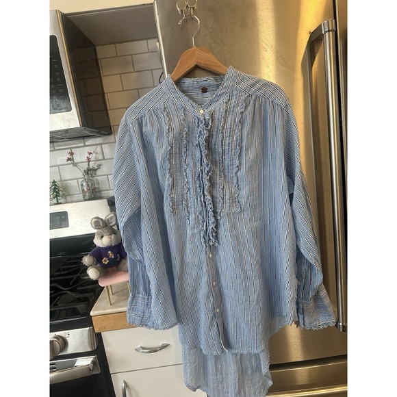 Free People One Drew Tuxedo Shirt Blue White Stripe Raw Hem Boho Y2K Belt 4 Dres - Picture 3 of 12